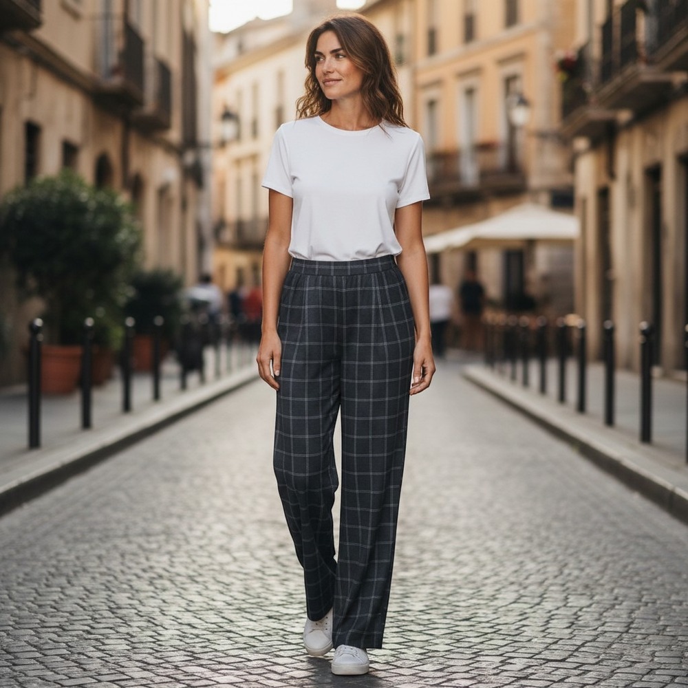 Blair Grid Plaid Pants Large Navy Blue Excellent Elastic Waist Wide Leg Trousers
